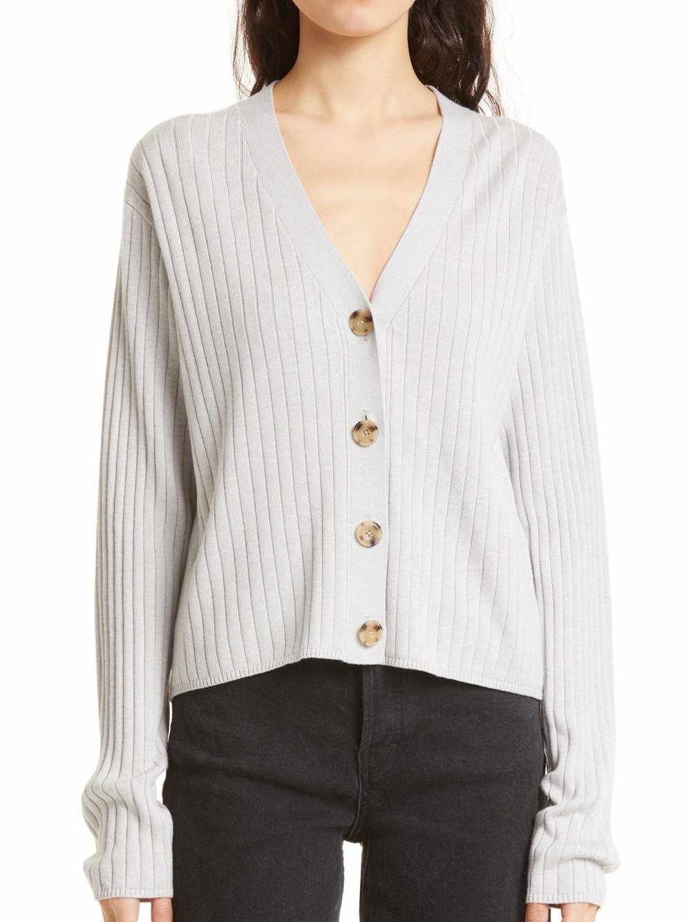 Light Gray Ribbed V-Neck Button Cardigan Sweater